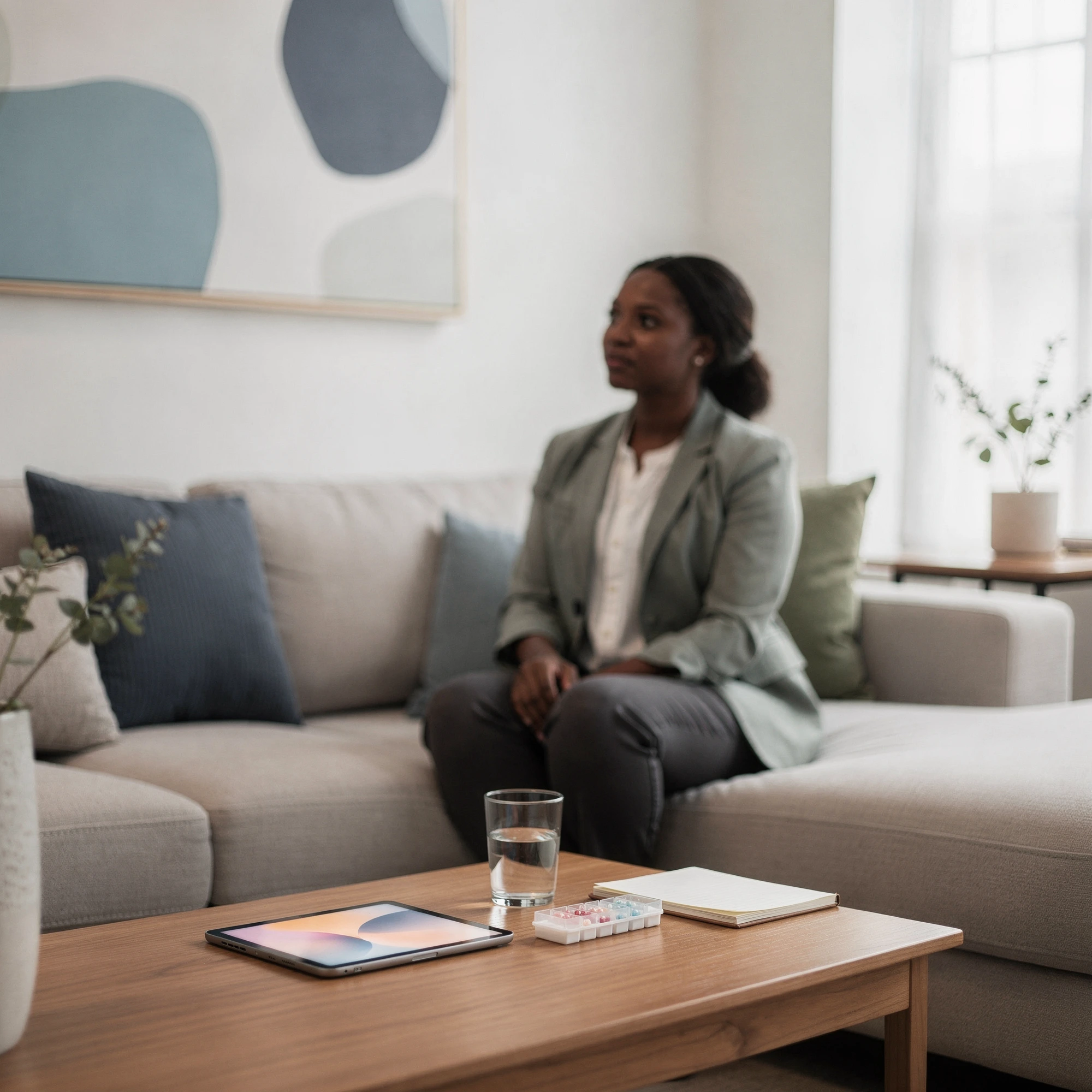 Woman seated on a sofa in a calm room – psychiatric medication management in Upper Darby, PA